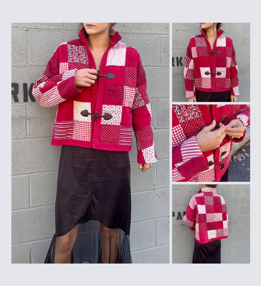 Red square vintage quilt coat.